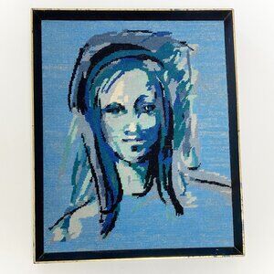 Vintage MCM Mysterious Blue Woman Tapestry Portrait by Penelope, Titled 'Farida'